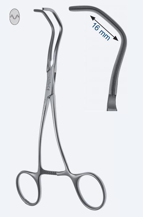 Зажими судинні, "De Bakey", зубці "De Bakey", вигнуті, довжина щелепи 16 мм, з кремальєрою, довжина 165 мм. Бренд - Asanus Medizintechnik Gmb, Німеччина